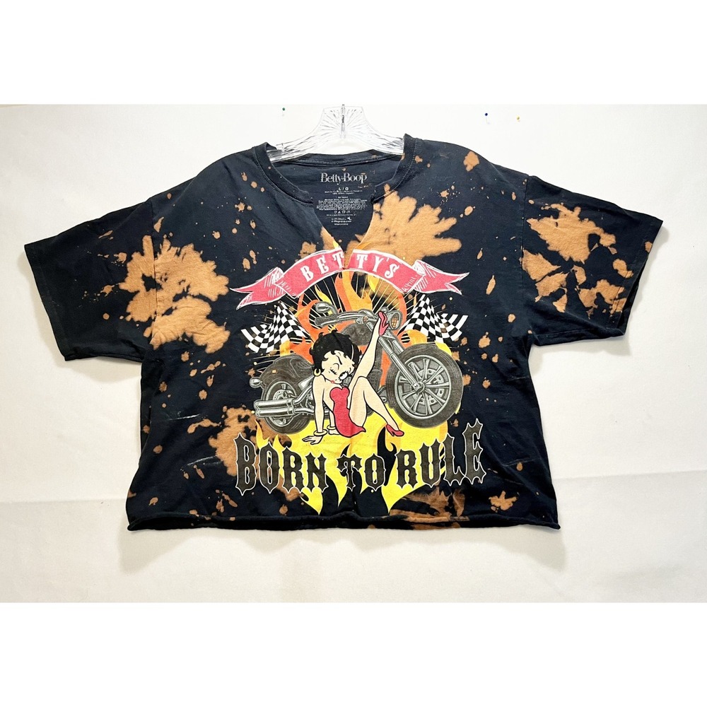 Betty Boop Crop Top Biker V Neck Bleached Graphic T Shirt Black Size L